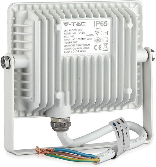 V-TAC Στεγανός Προβολέας LED 20W Θερμό Λευκό 3000K IP65