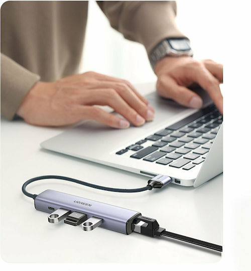 Ugreen Hub 4 Ports USB 3.0 with USB-A / Ethernet Connection Silver