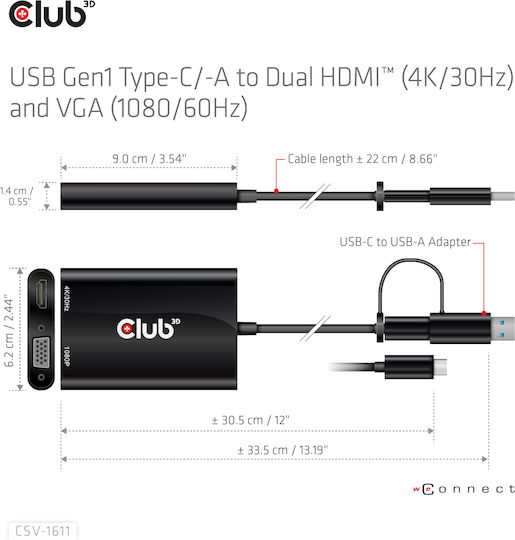 Club3D Μετατροπέας USB-A / mini DisplayPort male σε DVI-D female 1τμχ CSV-1611