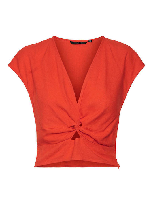 Spicy Women's Summer Blouse Linen Short Sleeve with V Neckline Orange