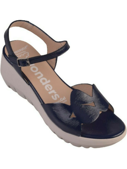 Wonders Women's Leather Ankle Strap Platforms Navy Blue