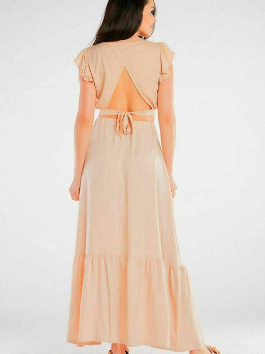 Awama High Waist Maxi Skirt in Beige color