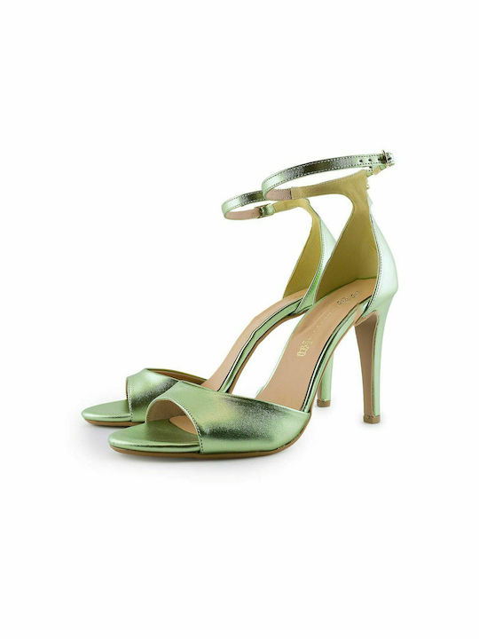 Stefania Leather Women's Sandals with Ankle Strap Green Metallic with Thin High Heel