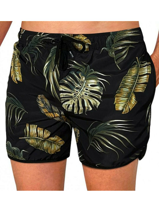 Leaves Men's Swimwear Shorts Black with Patterns