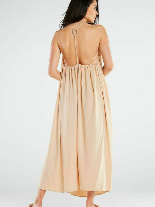 Awama Summer Maxi Dress with Slit Beige