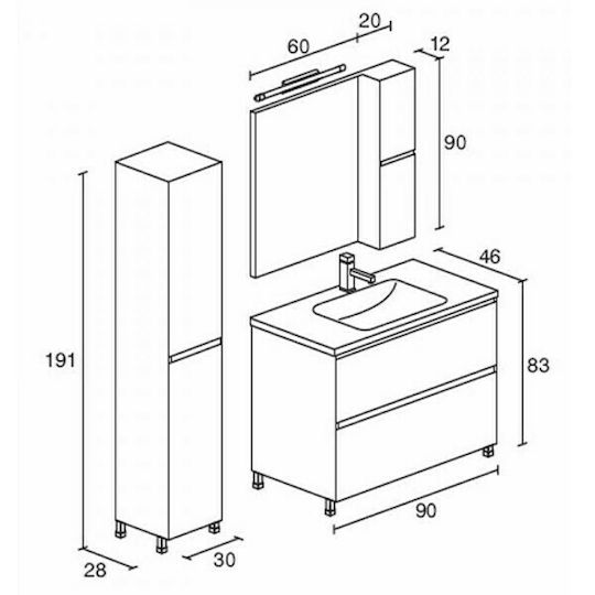 Pro Bagno Ροδία 909A Countertop with Sink & Mirror with Light L90xW46xH83cm Gray