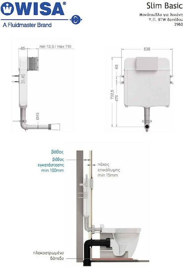 Wisa Slim Basic Eingebaut Kunststoff Toiletten-Spülung Rechteckig