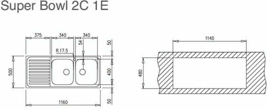 Teka Classic Max (Super Bowl) N.549.D 10119023 Links Drop-In Spüle Inox Satiniert B116xT50cm Silber