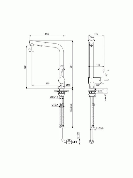 Ideal Standard Ceralook Kitchen Counter Faucet with Pull-Out Spray Silver