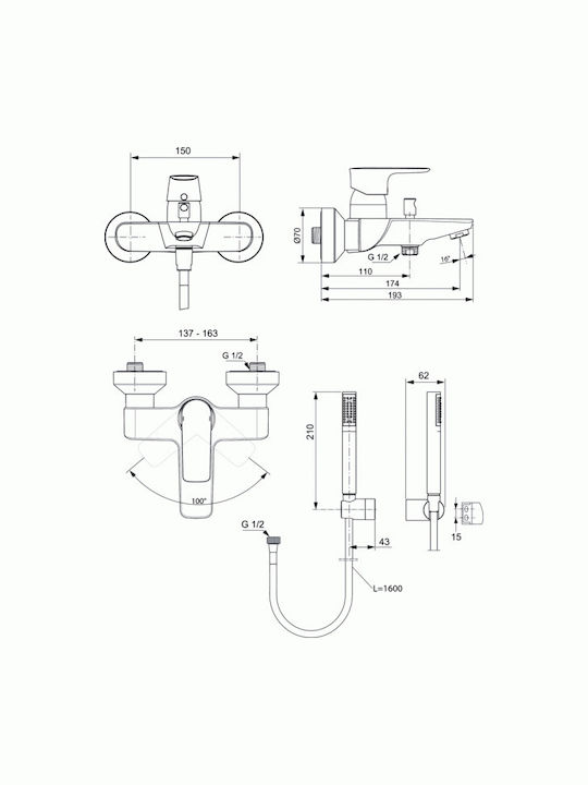 Ideal Standard Connect Air Αναμεικτική Μπαταρία Μπανιέρας Ασημί