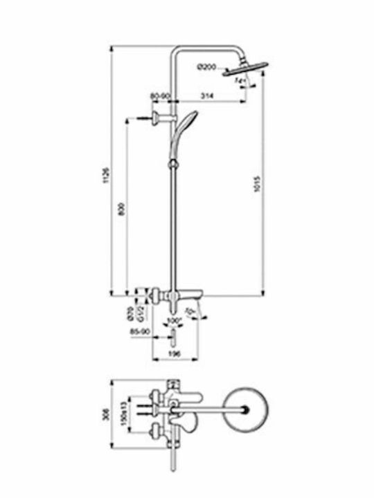 Ideal Standard Cerafine O Στήλη Ντουζ με Μπαταρία 112.6cm Ασημί