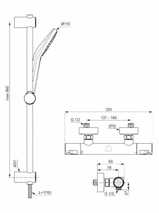 Ideal Standard Ceratherm Shower Column with Bathtub Mixer 56.5cm Silver