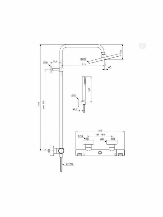 Ideal Standard Ceratherm T25 Shower Column with Bathtub Mixer 112cm Black