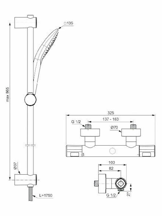 Ideal Standard Ceratherm Στήλη Ντουζ με Μπαταρία 86.5cm Ασημί
