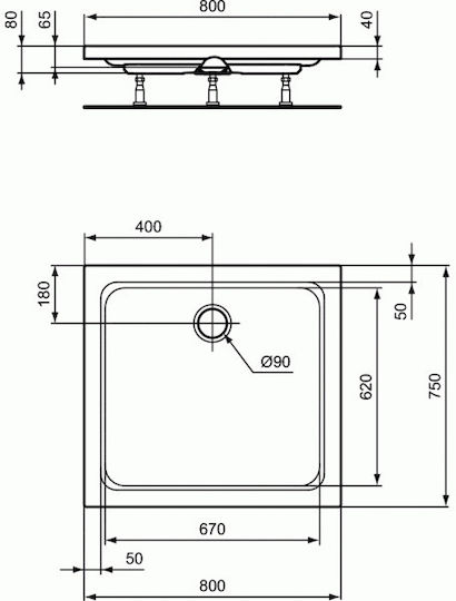 Ideal Standard Hotline Rechteckig Acryl Dusche x75cm Weiß