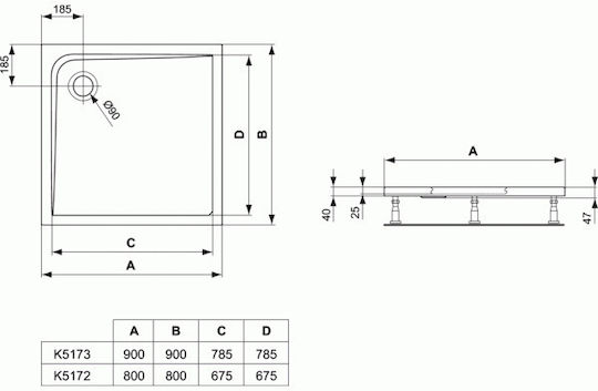 Ideal Standard Square Acrylic Shower White Doccia Ultra Flat 90x90x4cm