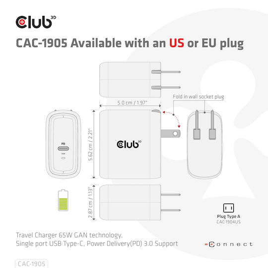 Club3D Φορτιστής Χωρίς Καλώδιο με Θύρα USB-C 65W Power Delivery Μαύρος (CAC-1905EU)