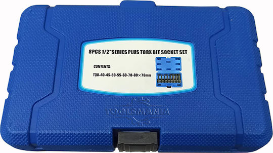 SKS Tools Lange Bit-Stecknüsse Pneumatisch mit Bits Torx und Antriebsvierkant 1/2'' Set 8Stück