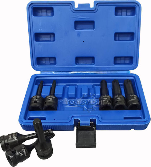 SKS Tools Lange Bit-Stecknüsse Pneumatisch mit Bits Torx und Antriebsvierkant 1/2'' Set 8Stück