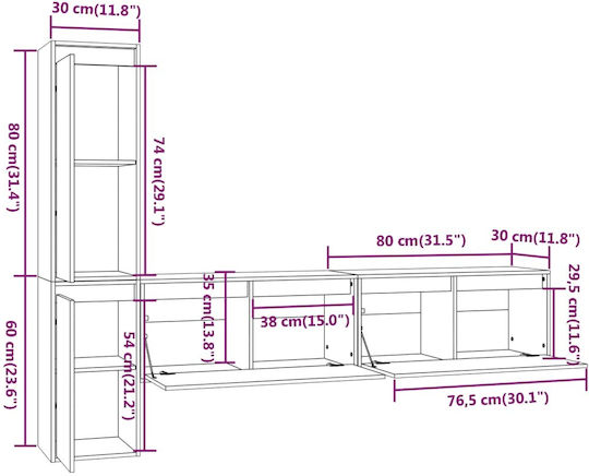 Wooden Living Room TV Unit White L190xW30xH140cm