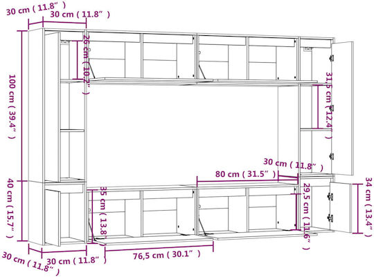 Wohnzimmer TV-Einheit Weiß L220xB30xH140cm