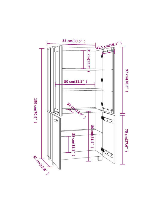 Free Standing Living Room Display Cabinet of Solid Wood with Glass White 85x35x80cm