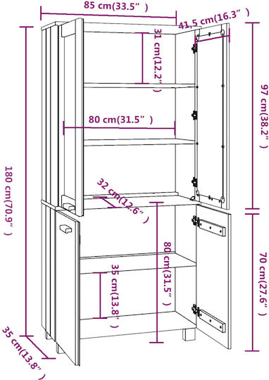 Living Room Display Cabinet Made of Solid Wood with Glass White 85x35x80cm