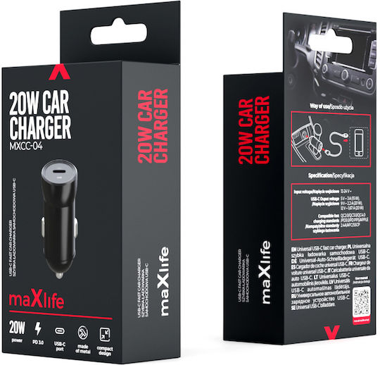 Maxlife MXCC-04 PD Автомобилен Зарядно Устройство 20W с Едно USB-C Порт Черен Цвят