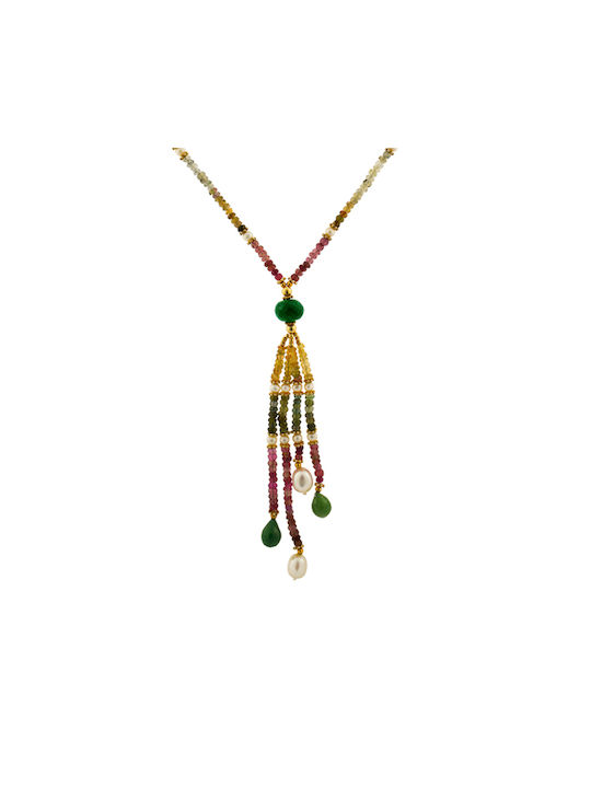 Necklace with tourmaline, emerald, pearls and gold plated 925 clasp - M121035