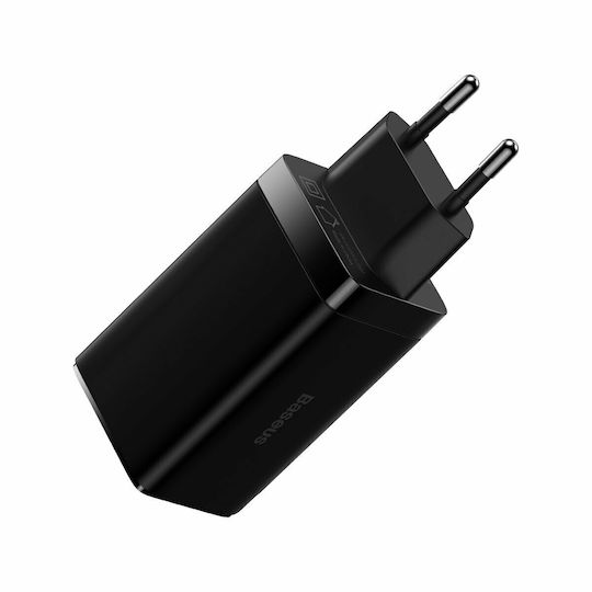 Baseus Φορτιστής GaN με Θύρα USB-A και 2 Θύρες USB-C και Καλώδιο USB-C 65W Power Delivery / Quick Charge 4.0 Μαύρος (GaN3 Pro)