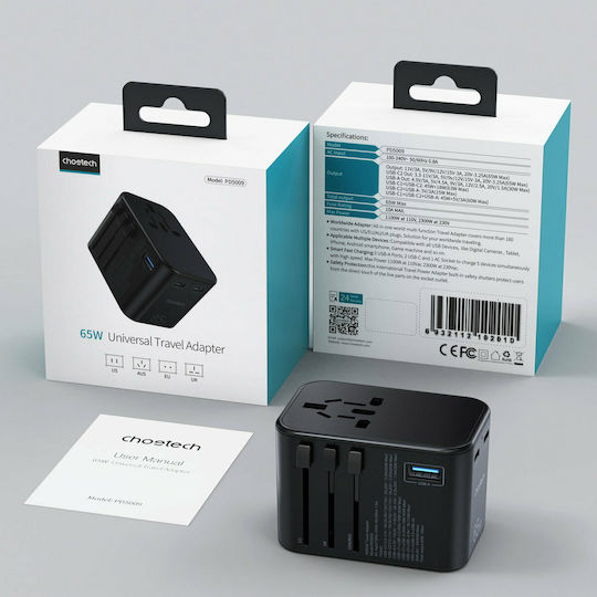 Choetech Φορτιστής Χωρίς Καλώδιο με Θύρα USB-A και 2 Θύρες USB-C 65W Power Delivery Μαύρος (PD5009)