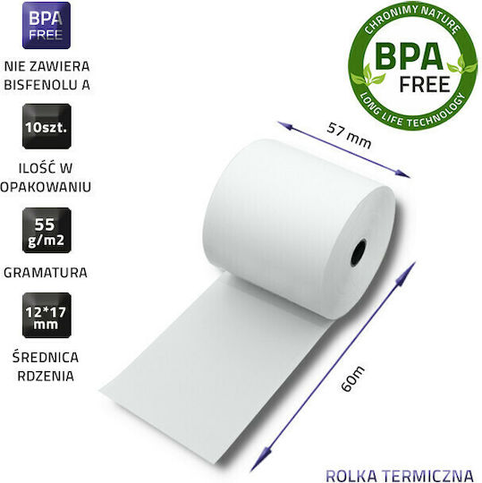 Qoltec Termică Bandă de hârtie Registru de casă L57xΔ71mm cu Lungime 60m 55gr/m² 10buc