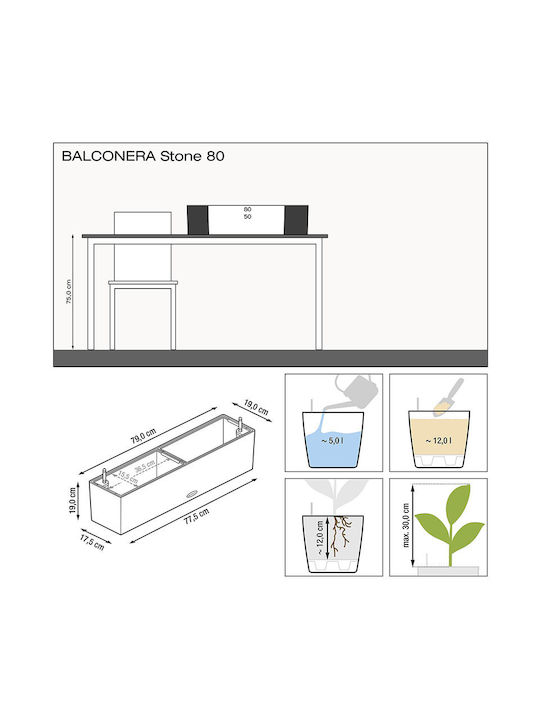 Lechuza Balconera Stone Graphite Black Self-watering Planter Box Plastic Black 79x19x19cm.