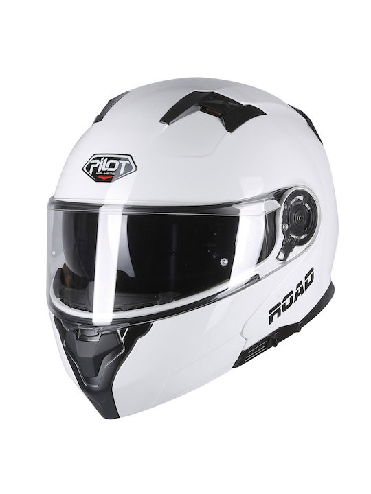 Pilot Road II Gloss White Motorcycle Helmet Flip-Up ECE 22.06 1600gr with Sunvisor