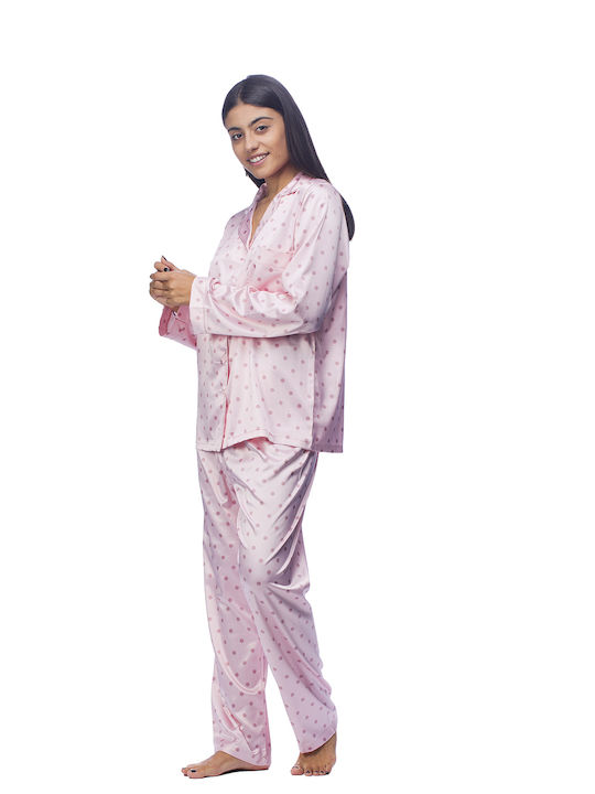 Zaboo Women's Satin Buttoned Pyjamas-ZB1039 Pink