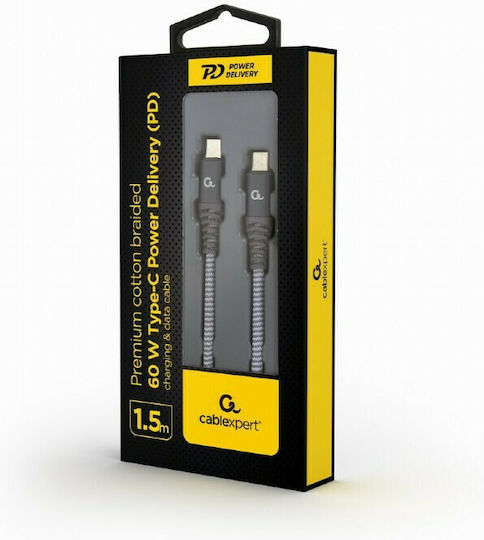 Cablexpert Braided USB 2.0 Cable USB-C male - USB-C 60W PD Γκρι 1.5m CC-USB2B-CMCM60-1.5M