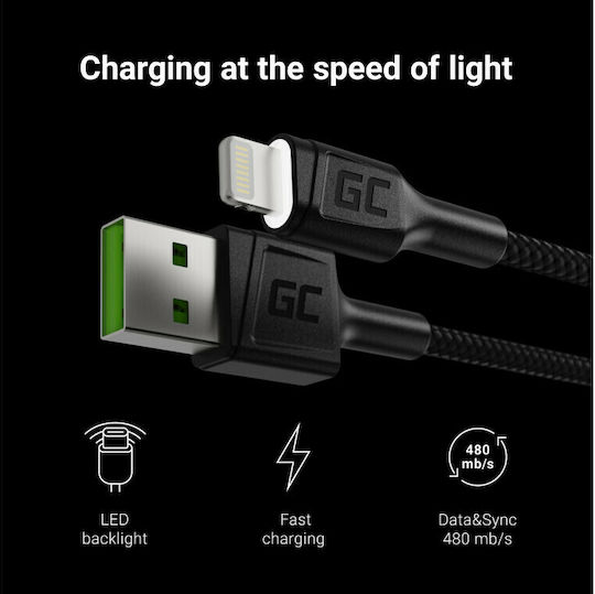 Green Cell Cell Ray USB-A Braided / LED USB-A la Cablu Lightning Negru 2m (KABGC12)