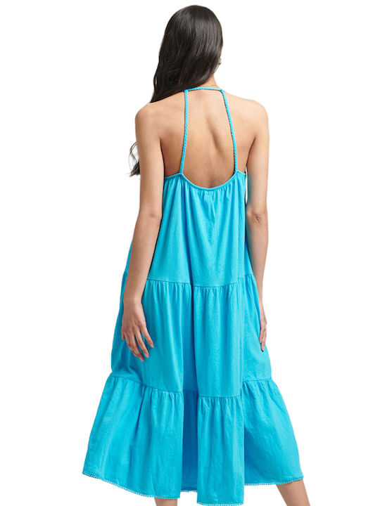 Superdry Midi Καλοκαιρινό All Day Φόρεμα με Τιράντα Beach Blue
