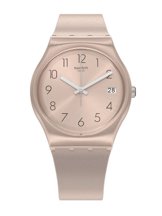 Swatch Datebaya Γυναικείο Ρολόι 34mm Μπαταρίας με Ροζ Χρυσό Καουτσούκ Λουράκι