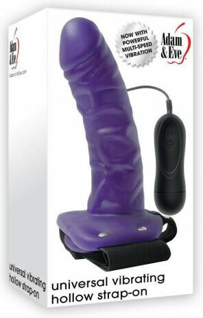 Adam & Eve Universal Hollow Strap-On Gurtzeug mit Dildo 15cm und Vibration in Lila Farbe