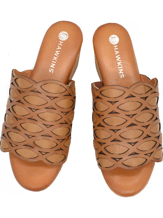 Women's Leather Platform Wedge Sandals Tabac Brown