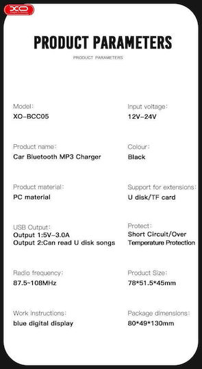 XO FM Car Transmitter BCC05 with Bluetooth