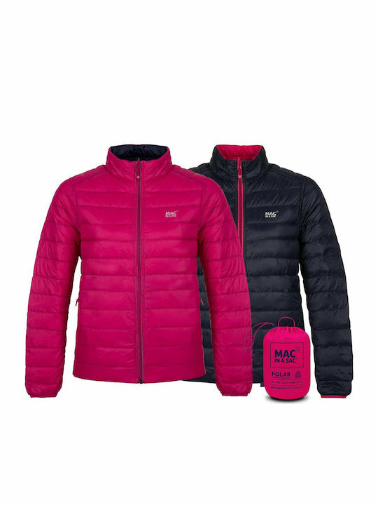 Polar Reversible Down Jacket Κοντό Γυναικείο Puffer Μπουφάν Διπλής Όψης Αδιάβροχο για Χειμώνα Φούξια