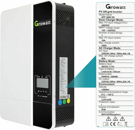 Growatt SPF 5000 ES Pure Sine Wave Power Inverter 5000W with Input Voltage 230V Single Phase SW10145