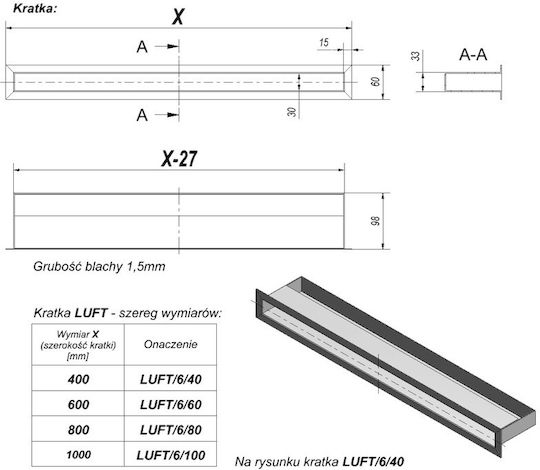 Kratki Rectangular Fireplace Air Shutter Black 40x6cm