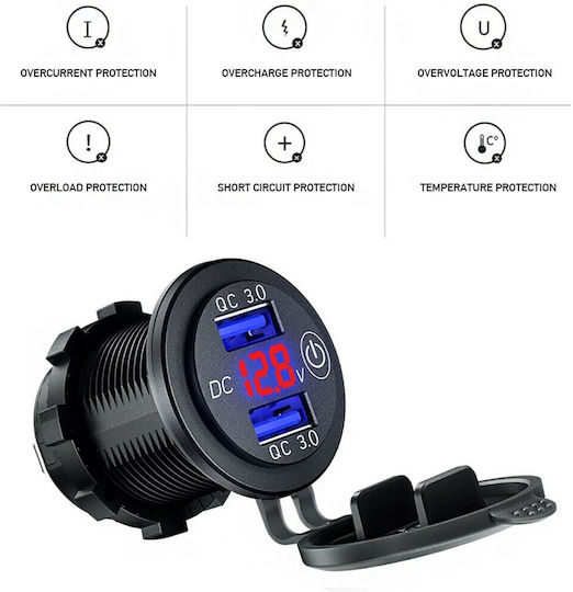 QC3 Αδιάβροχος Φορτιστής Μοτοσυκλέτας Γρήγορης Φόρτισης με Θύρες: 2xUSB με Βολτόμετρο