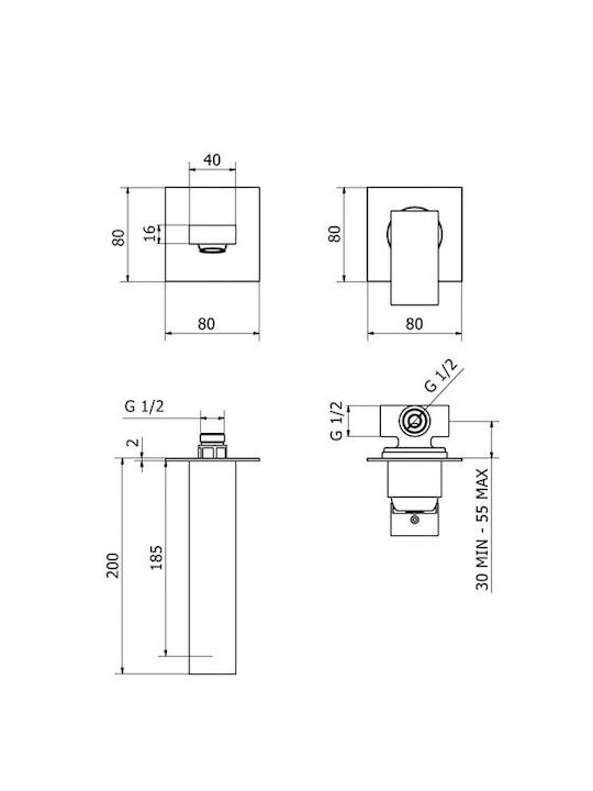 Ottone Meloda Lexus Built-in Mixer & Spout Set for for Bathroom Sink 1 Exit Chrome