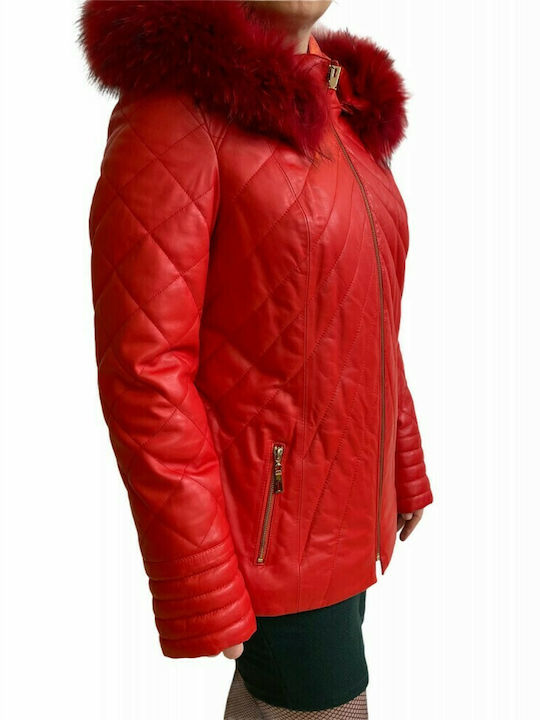 V-89 WOMEN'S LEATHER JACKET WITH NATURAL FUR RED