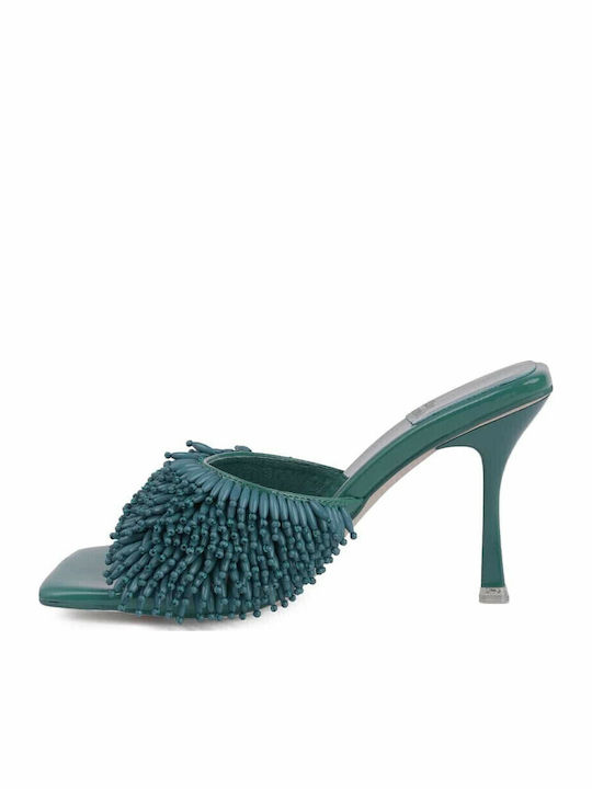 Beaded Me Mules with Thin High Heel in Blue Color