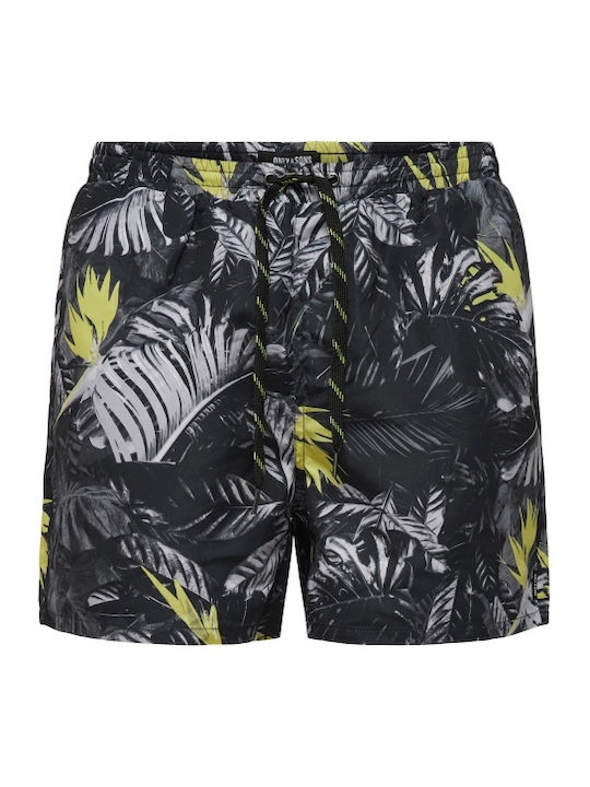 Only & Sons Herren Badebekleidung Shorts Black Yellow Blumen